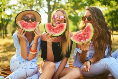 Eğleniyor üç güzel kız parkta karpuz yeme. Mükemmel güneşli havalarda. Güzel resimler. Süper ruh hali. Yaz konsepti.