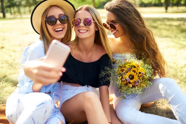Tre Belle Ragazze Divertono Nel Parco Fanno Selfie Ottimo Tempo — Foto Stock