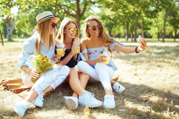 Três Garotas Legais Divertindo Parque Fazer Selfie Excelente Clima Ensolarado — Fotografia de Stock
