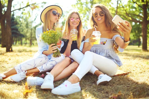 Três Garotas Legais Divertindo Parque Fazer Selfie Excelente Clima Ensolarado — Fotografia de Stock