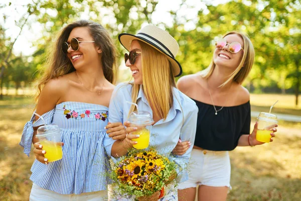 三个可爱的女孩在公园里玩和喝黄色果汁 良好的阳光明媚的天气 美丽的身影 超级情绪 暑期理念 — 图库照片