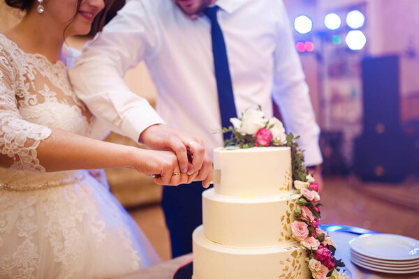 A bride and a groom is cutting their wedding cake. beautiful cake. nicel light. wedding concept