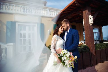 Güzel gelin ve damat hoşlanıyoruz. onların evlilik kutlama mutlu romantik genç bir çift. Aşıkların seksi öpüşme şık çift portre kadar kapatın. Düğün kavramı.