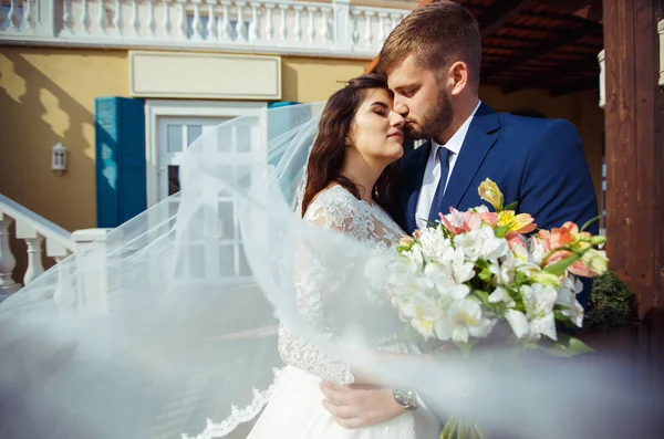 Bela Noiva Noivo Divirtam Feliz Casal Jovem Romântico Comemorando Seu — Fotografia de Stock