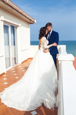 Güzel gelin ve damat okyanus arka plan üzerinde hoşlanıyoruz. onların evlilik kutlama mutlu romantik genç bir çift. Aşıkların seksi şık çift portre kadar kapatın. Düğün kavramı.