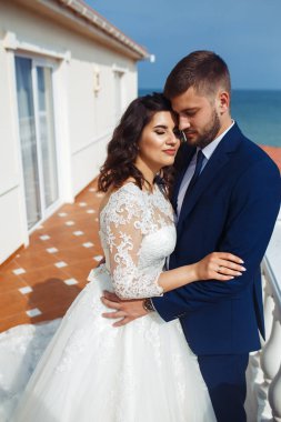 Güzel gelin ve damat okyanus arka plan üzerinde hoşlanıyoruz. onların evlilik kutlama mutlu romantik genç bir çift. Aşıkların seksi şık çift portre kadar kapatın. Düğün kavramı.