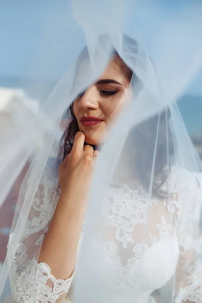 Beautiful Bride White Wedding Dress Enjoying Moment Backboard Beautiful Arch — Stock Photo, Image