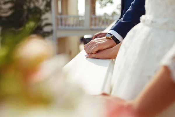 Newlyweds Hold Each Other Hands Beautiful Bride Groom Enjoy Each — Stock Photo, Image