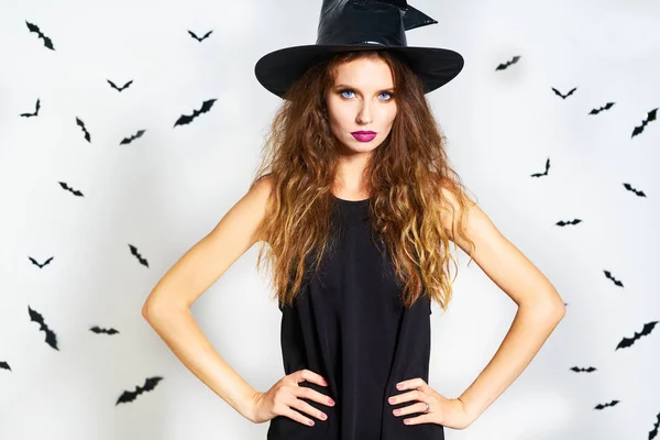 Happy Young Woman Black Witch Halloween Costume Party White Background — Stock Photo, Image