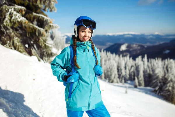 Beautiful Girl Winter Clothes Blue Helmet Green Jacket Having Great — Stock Photo, Image