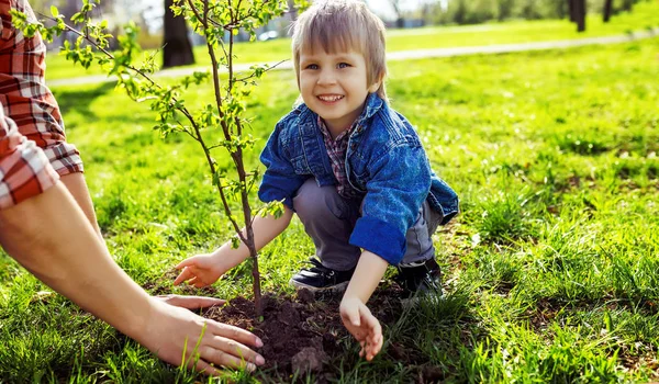 Elele çocuk ile baba. küçük çocuk birlikte bahçede çalışırken ağaç dikmek için babasına yardım. Pazar. güler yüz. bahar zamanı. büyüyen Fideler ile gönüllü 