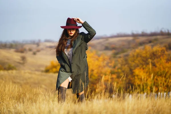 Belle Jeune Fille Élégante Dans Manteau Promène Automne Dans Parc — Photo