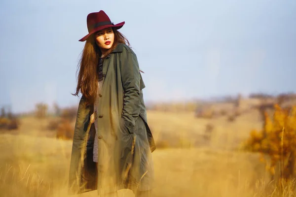 Belle Jeune Fille Élégante Dans Manteau Promène Automne Dans Parc — Photo