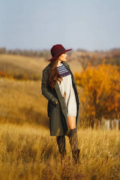 Belle Jeune Fille Élégante Dans Manteau Promène Automne Dans Parc — Photo