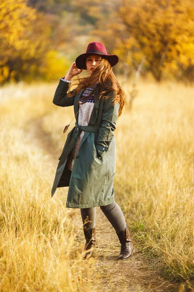 Beautiful Young Stylish Girl Coat Walks Autumn Park Girl Dressed — Stock Photo, Image