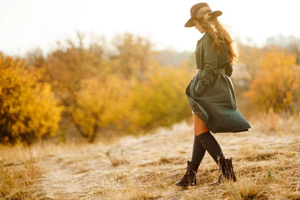 Красивая Молодая Стильная Девушка Пальто Гуляет Осенью Парке Девушка Одета — стоковое фото