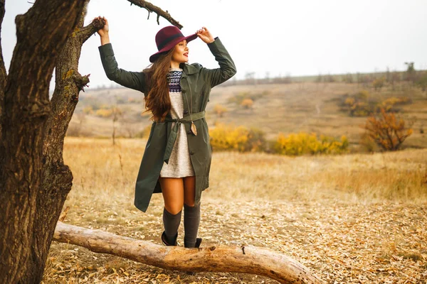 Schöne Junge Stilvolle Mädchen Einem Mantel Geht Herbst Park Das — Stockfoto