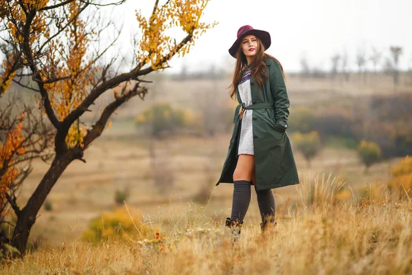 Gyönyörű Fiatal Stílusos Lány Kabátban Sétál Ősszel Parkban Lány Zöld — Stock Fotó