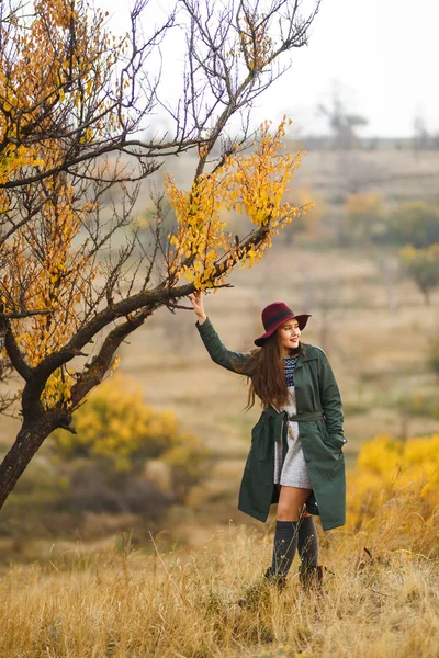 Mooi Jong Stijlvol Meisje Een Jas Wandelt Herfst Het Park — Stockfoto