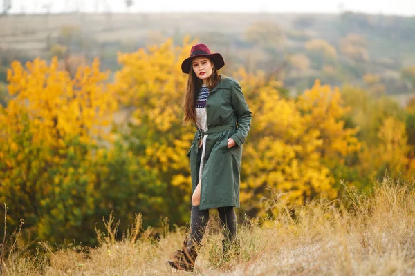 Belle Jeune Fille Élégante Dans Manteau Promène Automne Dans Parc — Photo