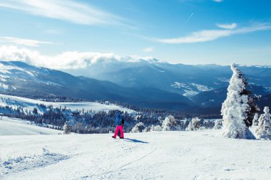 Doğa. Karla kaplı ağaçlarla kaplı güzel bir kış manzarası. Yüksek bir yerden dağların güzel manzarası. Seyahat kavramı, özgürlük, doğanın güzelliği. Güzel bir gün, güneşli bir hava, mavi bir gökyüzü.