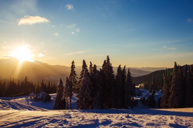 Dağlarda gün doğumu. Yüksek bir yerden dağların güzel manzarası. Dağ manzarasında şafak vakti. Seyahat kavramı, özgürlük, doğanın güzelliği.. 