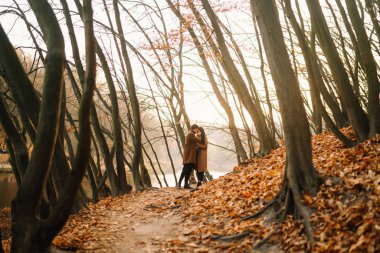 Ormanda güzel bir sonbahar gününde dışarıda şık genç bir çift. Birbirine aşık genç bir çift, bir sonbahar günü el ele tutuşup parkta yürüyorlar. Gençlik, aşk ve yaşam tarzı kavramı.