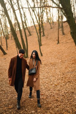 Ormanda güzel bir sonbahar gününde dışarıda şık genç bir çift. Birbirine aşık genç bir çift, bir sonbahar günü el ele tutuşup parkta yürüyorlar. Gençlik, aşk ve yaşam tarzı kavramı.