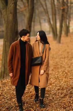 Ormanda güzel bir sonbahar gününde dışarıda şık genç bir çift. Birbirine aşık genç bir çift, bir sonbahar günü el ele tutuşup parkta yürüyorlar. Gençlik, aşk ve yaşam tarzı kavramı.