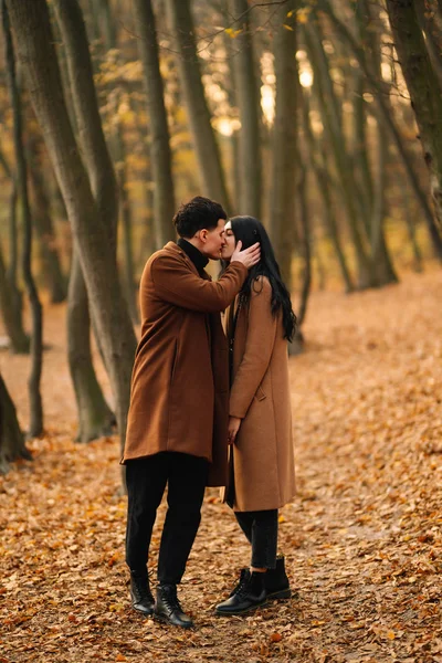 Stylish Young Couple Outdoors Beautiful Autumn Day Forest Young Couple — Stock Photo, Image