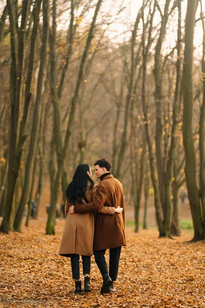 아름다운 야외에서 있습니다 사랑하는 부부는 가을에 공원을 방식에 — 스톡 사진