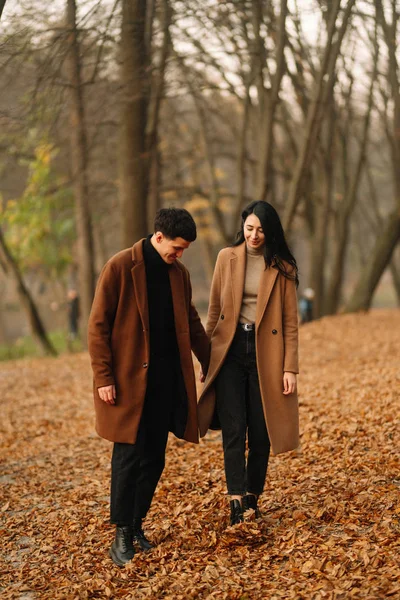 아름다운 야외에서 있습니다 사랑하는 부부는 가을에 공원을 방식에 — 스톡 사진