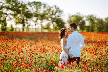 Haşhaş tarlasında sevgili bir çift. Sevgili çift, Haşhaş Tarlası 'nda romantik bir buluşma sırasında birbirlerine sarılırlar. Birlikte eğleniyoruz. Gençlik, aşk ve yaşam tarzı kavramı.