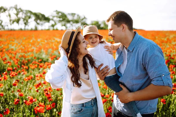 Family Child Walking Poppy Field Mother Father Little Daughter Having — Stock Photo, Image