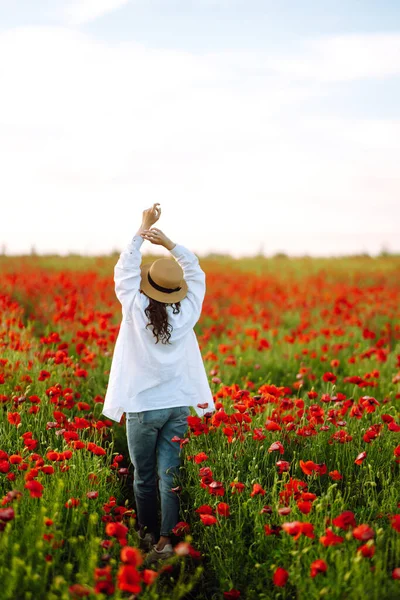 Giovane Ragazza Cappello Posa Nel Campo Papaveri Ritratto Ragazza Riccia — Foto Stock