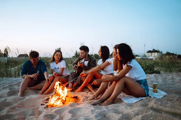 Group Happy Friends Frying Sausages Campfire Beach Company Young People — Stock Photo, Image