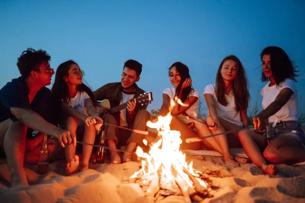 Ομάδα Χαρούμενων Φίλων Τηγανίζουν Λουκάνικα Φωτιά Στην Παραλία Μια Παρέα — Φωτογραφία Αρχείου