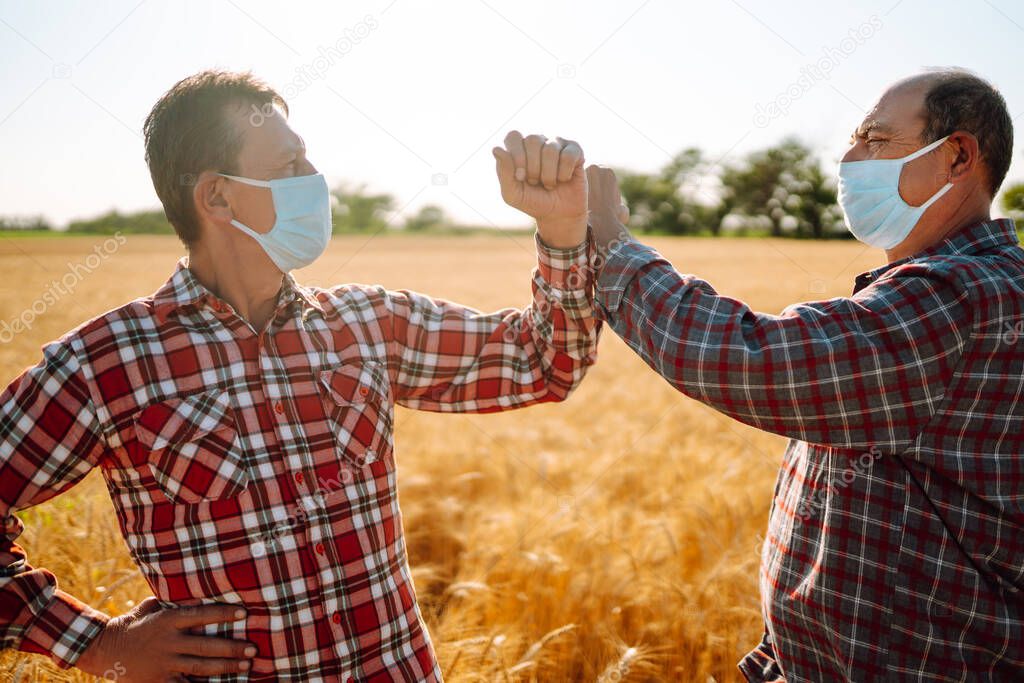 Farmers in sterile medical masks on his face greet their elbows on a wheat field. Elbow bump is new greeting to avoid the spread of coronavirus. Don't shake hands. Stop handshakes.