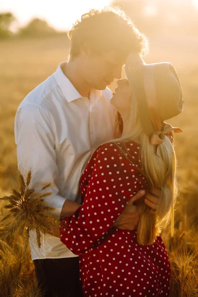Altın Buğday Tarlasında Romantik Bir Çiftin Portresi Gençlik Aşk Yaşam — Stok fotoğraf