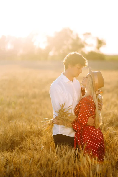 Casal Divertindo Desfrutando Relaxamento Campo Trigo Adolescente Namorada Namorado Beijando — Fotografia de Stock