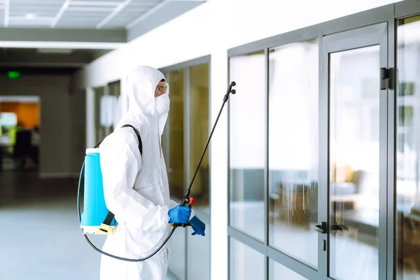 Contractor Protective Suit Mask Sprays Disinfectants Office Work Protection Covid — Stock Photo, Image