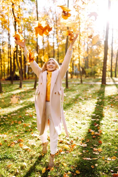 Appy Jovem Mulher Divertindo Com Folhas Parque Outono Menina Bonita — Fotografia de Stock