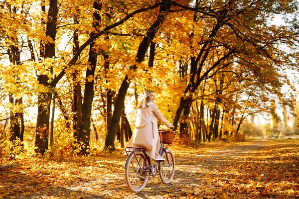 Jovem Menina Sorridente Com Uma Bicicleta Caminha Floresta Outono Pôr — Fotografia de Stock