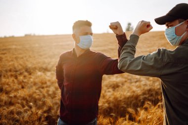 Steril tıbbi maskeli iki çiftçi, salgın sırasında bir buğday tarlasında dirseklerini selamlıyor. Tokalaşmayı kesin. Covid 2019.