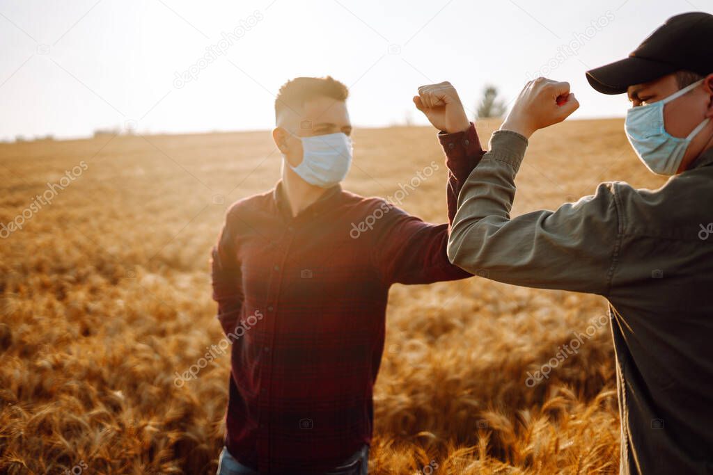 Two farmers in sterile medical masks greet their elbows on a wheat field during pandemic. Stop handshakes. Covid-2019.