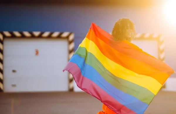 Piękna Afroamerykańska Lesbijka Tęczową Flagą Lgbt Zachodzie Słońca Młody Kręcone — Zdjęcie stockowe