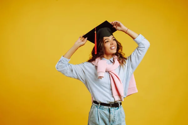 Portrait African American Girl Graduation Hat Her Head Posing Yellow — Stock Photo, Image