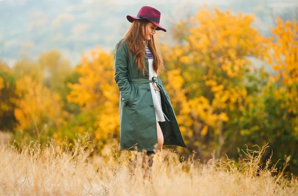 Элегантная Женщина Пальто Прогулками Осеннем Парке Стильная Женщина Наслаждается Осенней — стоковое фото