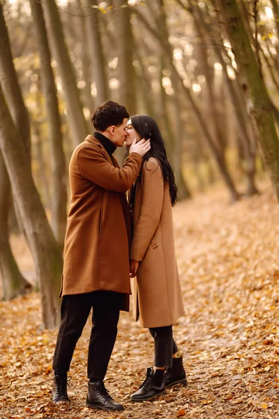 Casal Jovem Apaixonado Andando Parque Dia Outono Aproveitar Tempo Juntos — Fotografia de Stock