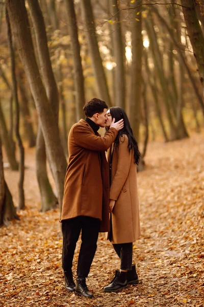 秋の日に公園を歩くのが大好きです 楽しい時間を一緒に 秋の森の中でお互いを楽しむスタイリッシュで愛情のあるカップル — ストック写真